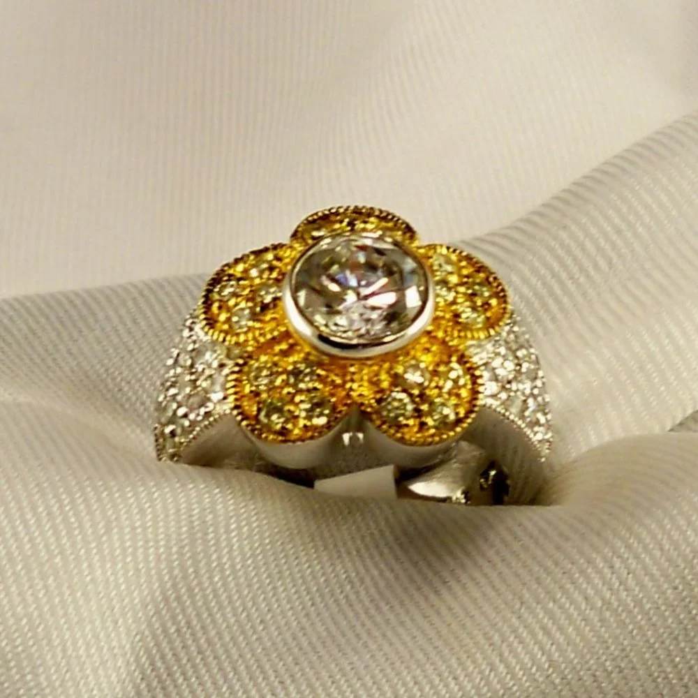 NEW Vintage Charles Winston Flower Yellow Cubic Zirconias Gold Silver Ring